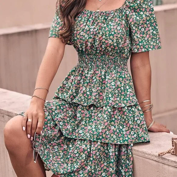 Women's Floral Summer Dress Square Neck Short Sleeve Tiered Boho Swing - Picture 2 of 5